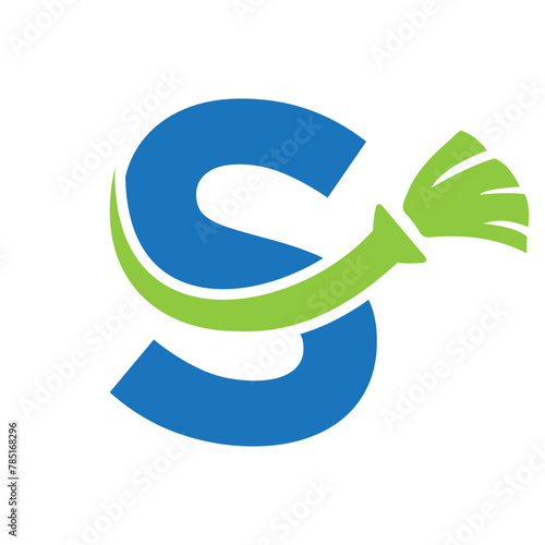 Letter S House Clean Logo With Clean Brush Symbol. Maid and Broom Icon