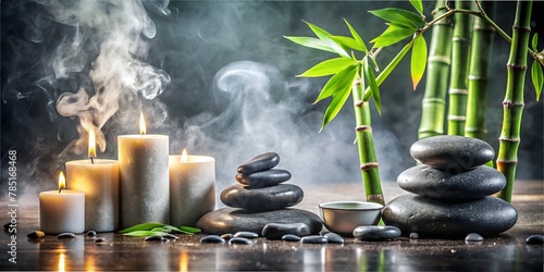  in a spa  stones lie dark and steam everywhere  bamboo and candles generated by AI