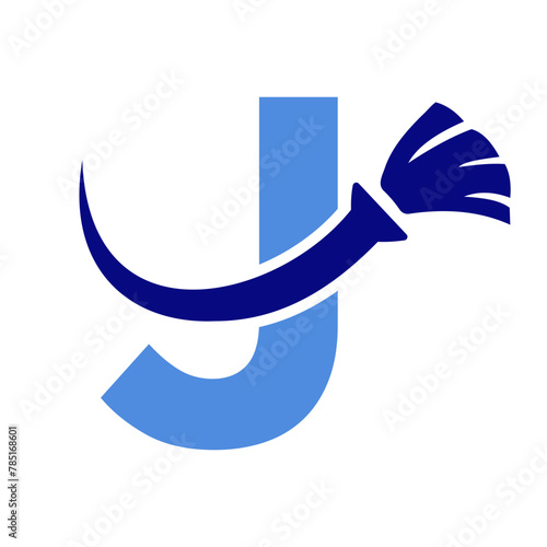 Letter J House Clean Logo With Clean Brush Symbol. Maid and Broom Icon