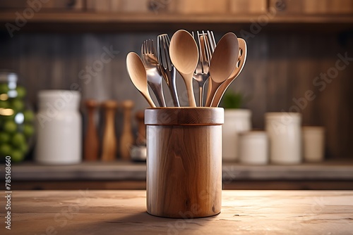 Wooden kitchen utensils in bowl on table, closeup