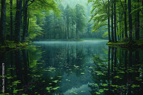 A serene lake surrounded by dense forests  reflecting the misty sky and lush greenery. The calm water had reflections of towering trees. Created with Ai