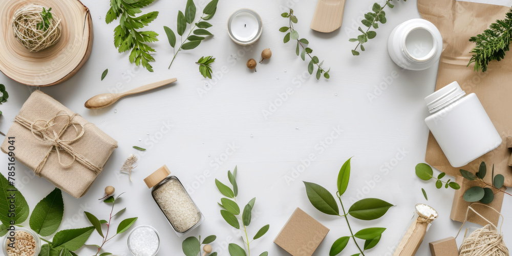Flat lay of environmentally friendly products and natural packaging materials Flat lay of environmentally friendly products and natural packaging materials