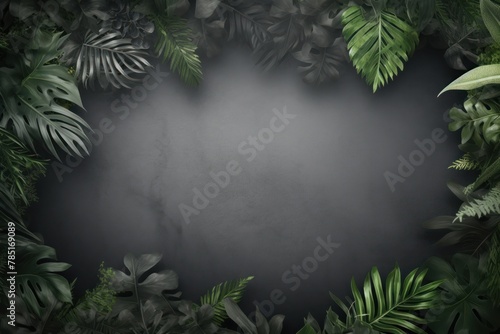 Gray frame background  tropical leaves and plants around the gray rectangle in the middle of the photo with space for text