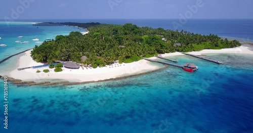 Fototapeta Naklejka Na Ścianę i Meble -  Aerial drone shot of a paradise island in the Maldives washed by the Indian Ocean