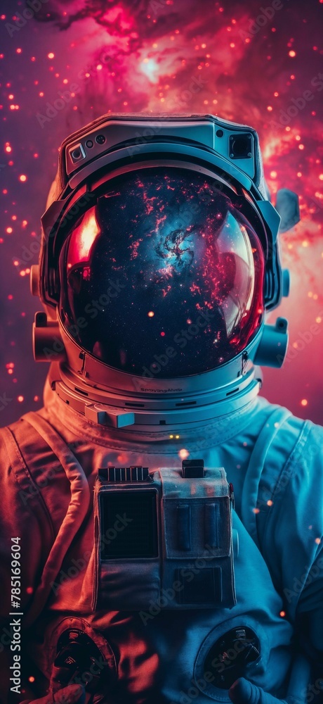 Portrait of an astronaut. Mars colonization or settlement concept. Astronaut in space suit in outer space with nebula reflection in helmet glass - obrazy, fototapety, plakaty 