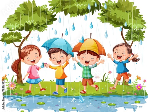 Children who can control the weather bringing rain to a droughtstricken village, dancing in the rejuvenating downpour  isolated on white background clipart photo