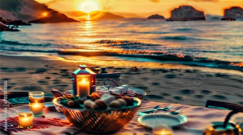 An intimate candlelit picnic setup on the beach, with a breathtaking sunset over calm waters creating a romantic atmosphere. Sunset Beach Picnic with Candlelight

 photo