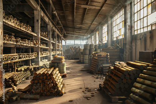 Abandoned munitions factory with rows of artillery shells and rustic ambiance