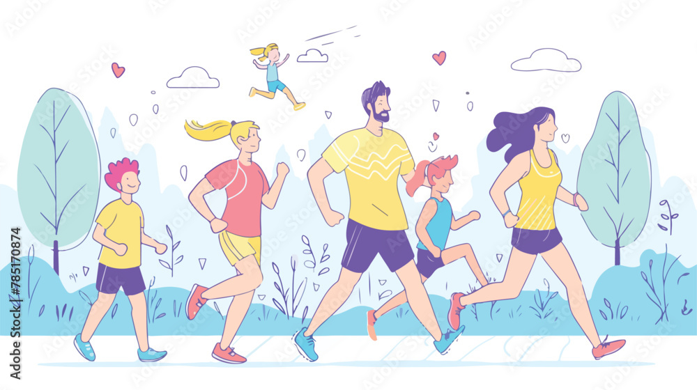 Family run marathon parents and children jogging