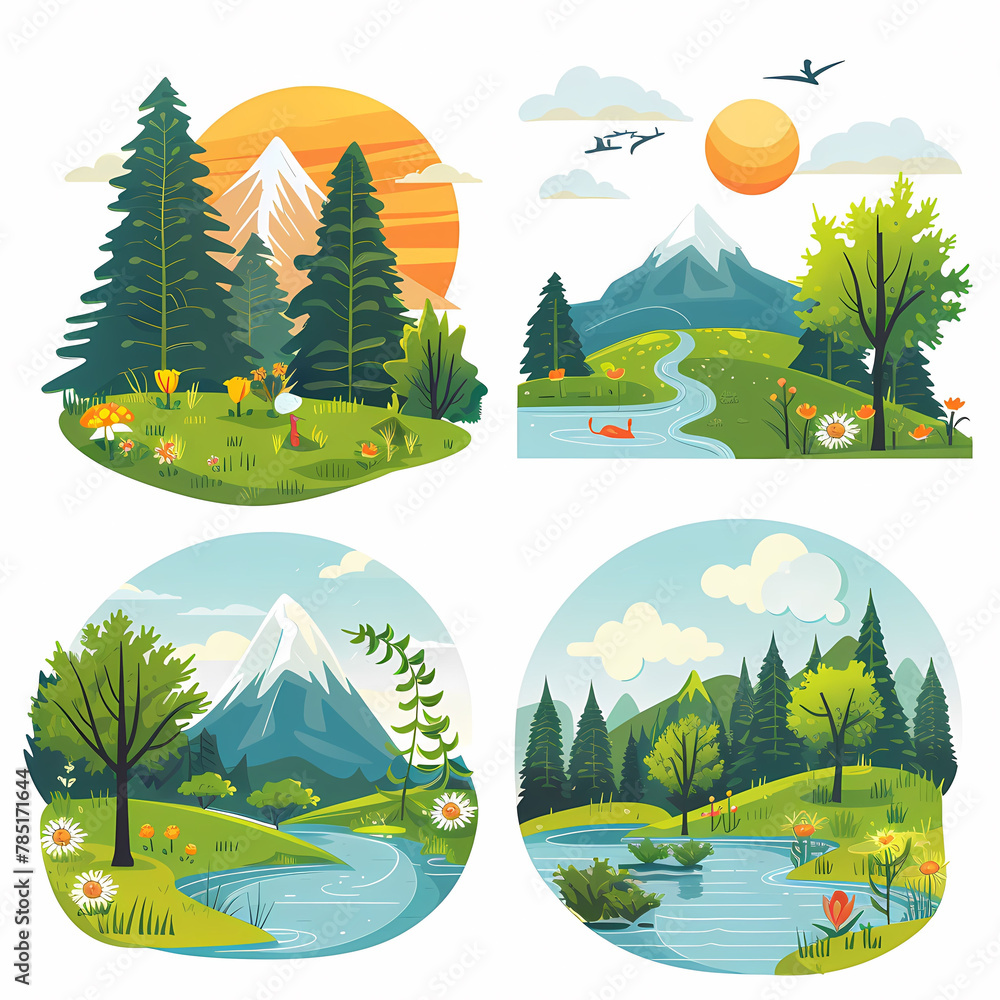 Obraz premium Nature landscape vector illustration. Cartoon flat illustration summer beautiful nature, green grasslands meadow with flowers, forest, scenic blue lake and mountains on horizon background