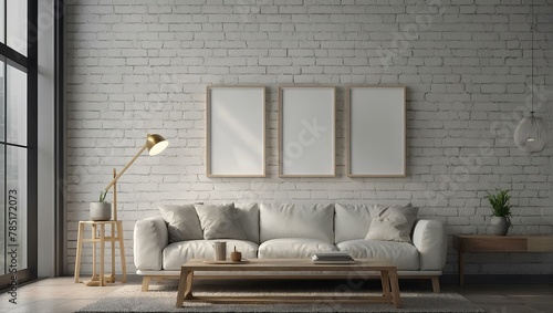 mockup poster home frame. blank white mockup poster frame hanging on the wall in a modern interior room design with modern furniture in 3D render . illustration Generative AI