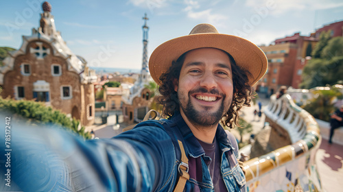 Happy Tourist Takes Selfie