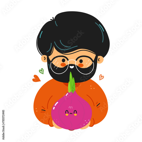 Young cute funny men hold red onion in hand. Young boy hugs cute onion. Vector hand drawn doodle style cartoon character illustration icon design. Isolated on white background © Yevhen