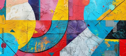a close up of a colorful painting on a wall