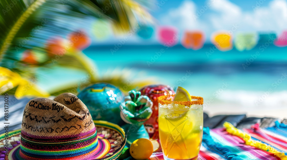 Vibrant Cinco de Mayo celebration table with sombrero and cocktails by the beach