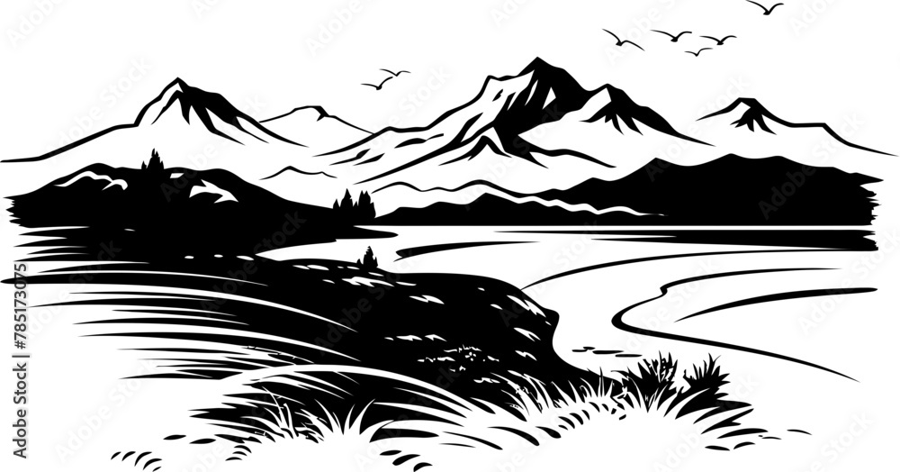 Mountain Dreams Coastal Sketch Icon Seascape Serenity Sketchy Mountain Emblem