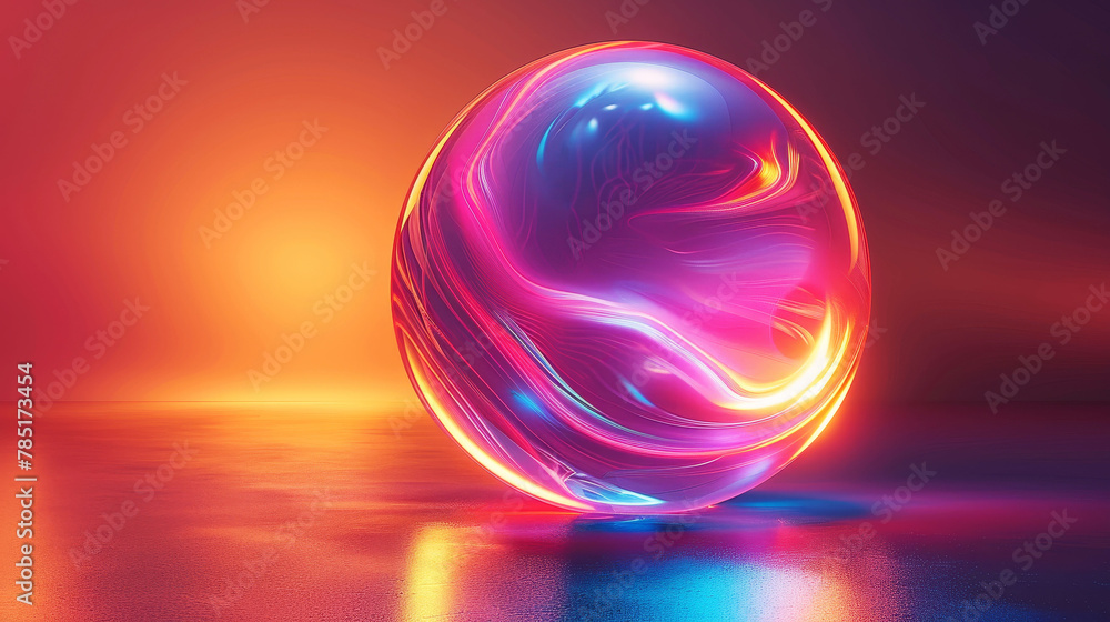 Vibrant neon sphere with swirling gradients under orange light illuminates a dark room Vibrant neon sphere with swirling gradients under orange light illuminates a dark room