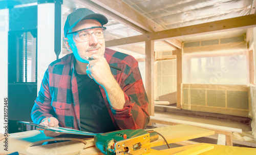 Man carpenter thought. Happ...