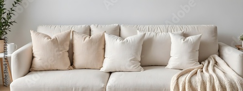 Close-up of a sofa with beige colored pillows in a modern living room.