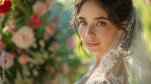 Elegant bride in stunning wedding dress embodies timeless grace and sophistication photo