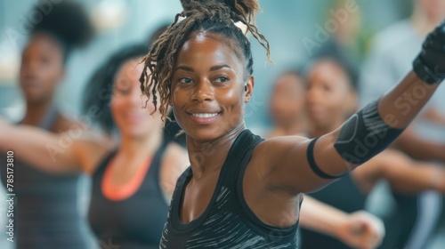 Fitness Instructor Leading an Energetic Group Workout Session with Participants