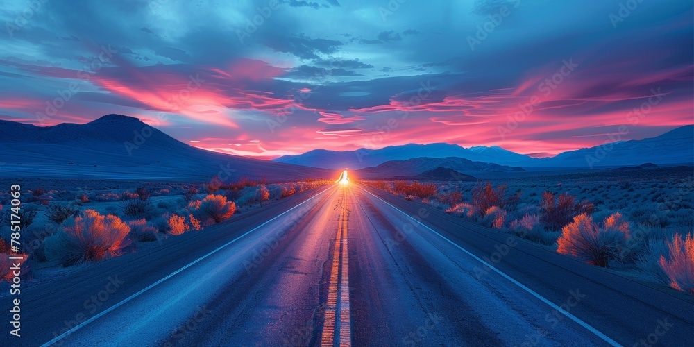 A spectacular sunset lights up the horizon as the highway winds its way through the picturesque landscape. - obrazy, fototapety, plakaty 