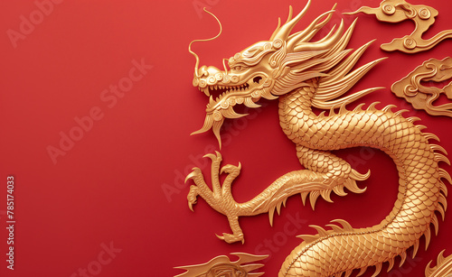 Golden chinese dragon on red color background.