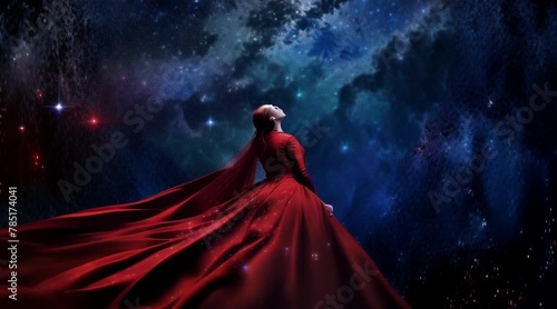 animation, motion effect, woman in red dress Looking at the night sky with stars (60 fps  8 sec.) photo
