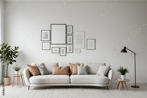 Living room interior in beige colors with white frames. White wall with frames and loveseat sofa in a scandinavian living room - modern interior design. photo