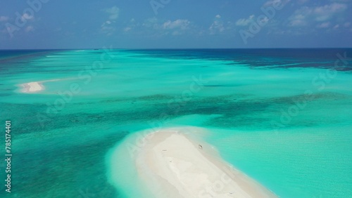Aerial view of a white sand beach in a turquoise water