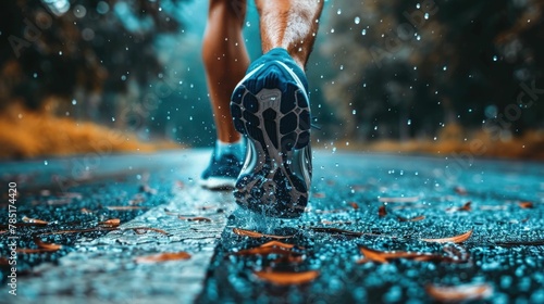 Runner pursuing fitness and self improvement goals on a rainy trail through a scenic outdoor environment