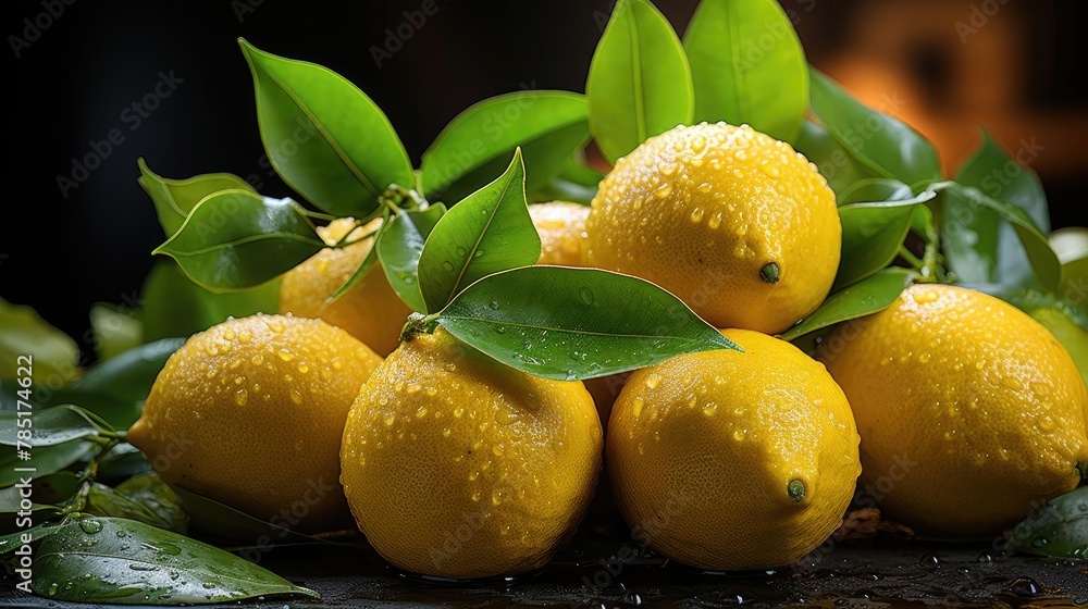 delicious fresh yellow lemons fruits on wood table with black and blur background