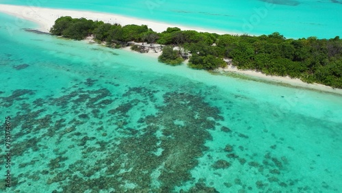 Aerial view of a small tropical island with a white sandy beach and turquoise water