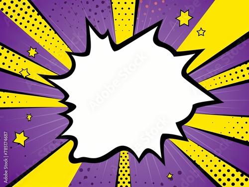 Lavender background with a white blank space in the middle depicting a cartoon explosion with yellow rays and stars