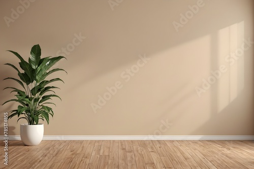 Empty room with beige blank wall and wooden floor. A plant in a pot in an empty room.