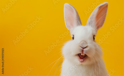 Joyful Bunny  A White Fluffy Companion Spreading Smiles. Yellow Background. 