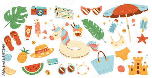 Summer stickers collection. Set of cute summer icons ice cream, shells, fruits, unicorn. Collection of scrapbooking elements for beach party.