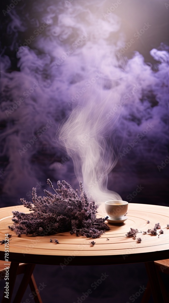 lavender background with a wooden table and smoke. Space for product presentation, studio shot, photorealistic