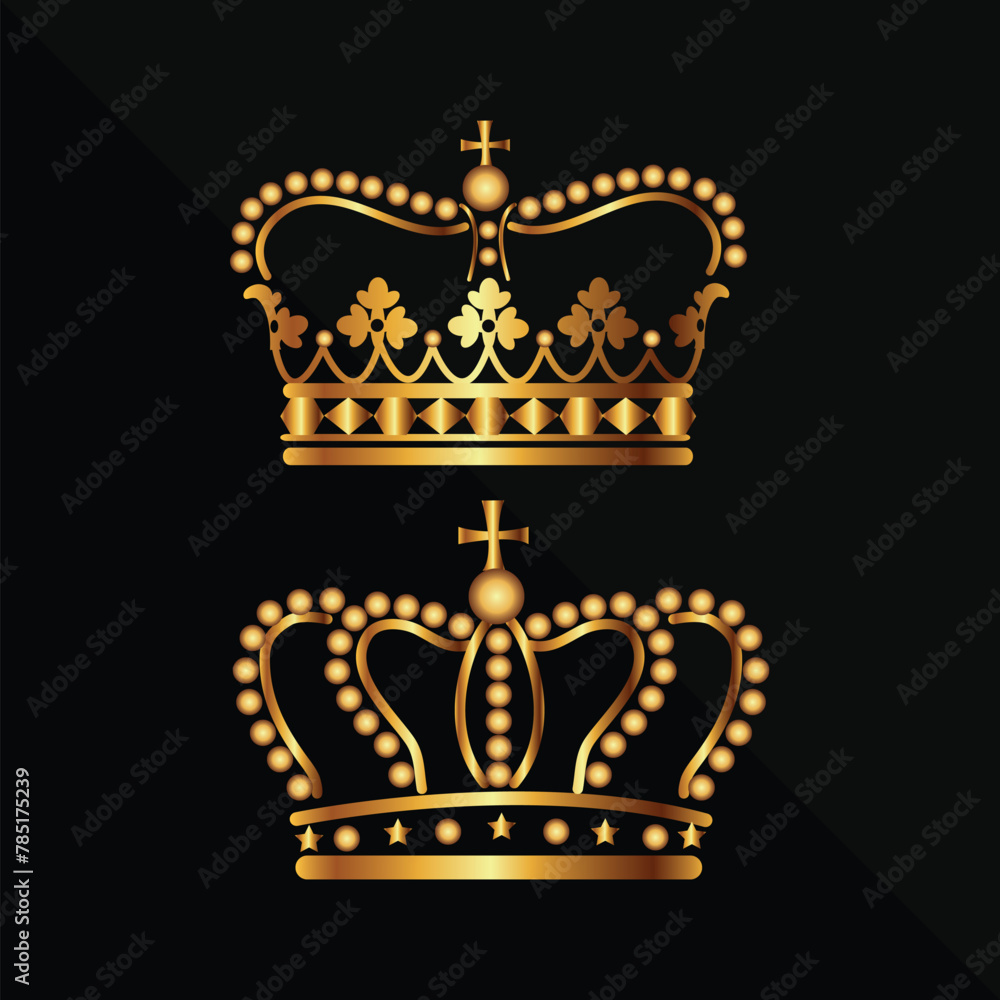 Realistic gold crowns set. Crowning headdress for king and queen. Royal golden noble aristocrat monarchy red jewel crowns. Realistic gold crowns set. Crowning headdress for king and queen. Royal golden noble aristocrat monarchy red jewel crowns.