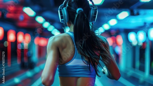Woman Compiling Energizing Workout Playlist with High Energy Beats for Motivating Fitness Session