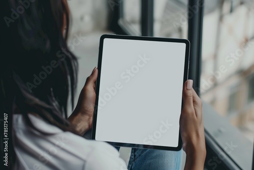 App mockup shoulder view of a adult woman holding a tablet with a completely white screen