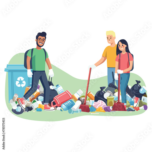 People are cleaning up planet from garbage. World Environment Day. Save the planet. Earth Day concept. Flat style vector illustration photo