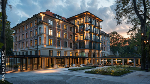 Luxury hotel in Munich, Germany showcasing elegant architecture during a beautiful sunset