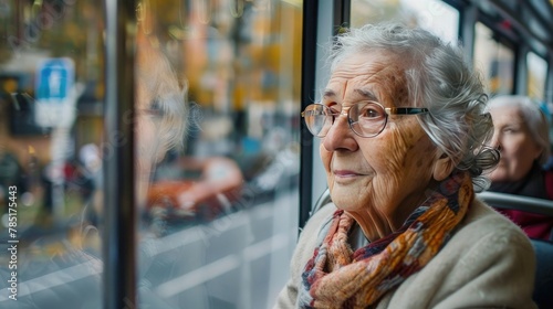 Photo a pensioner with glasses rides on public transport, looking at the street of the city. Grandma is riding the bus alone