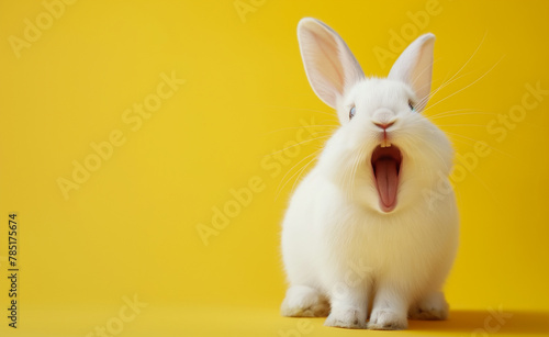 Joyful Bunny: A White Fluffy Companion Spreading Smiles. Yellow Background.  © Curioso.Photography