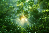 Beautiful landscape with sun and jungle. The sun rays shines through the trees and green foliage in the forest. Ai generative.