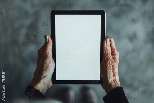 App preview over shoulder of a mature woman holding a tablet with a completely white screen photo