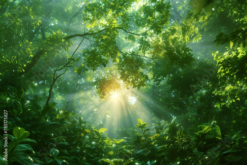 Beautiful landscape with sun and jungle. The sun  rays shines through the trees and green foliage in the forest. Ai generative.