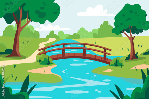 Wooden bridge in the park. Beautiful park landscape with a bridge over the river  green meadows  grass  trees and clouds in the blue sky. Summer rest. Vector illustration for design.