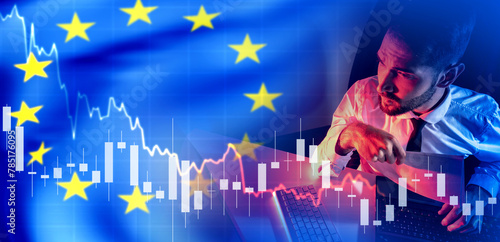 Man investor from EU. Financial trader with European union flag. Crisis chart. Fall in EU GDP. Analyst predicts crisis. Declining profits of European companies. Recession crisis in EU.